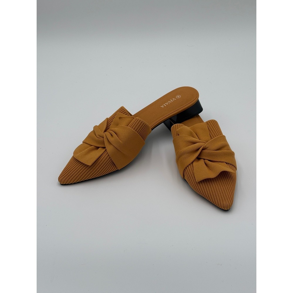 VIVAIA Womens Mules Size 41 Mustard Yellow Pointed Toe Knot Block Heel Slip On